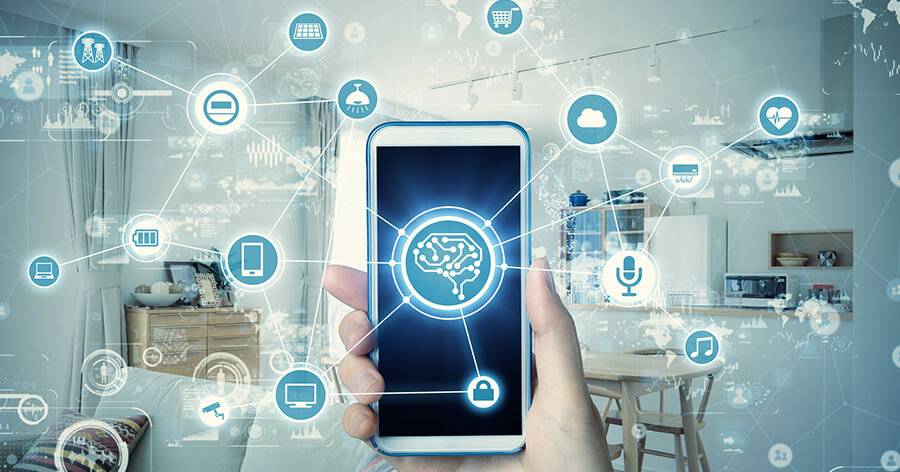 A hand holding an iphone with some info graphics on the image.