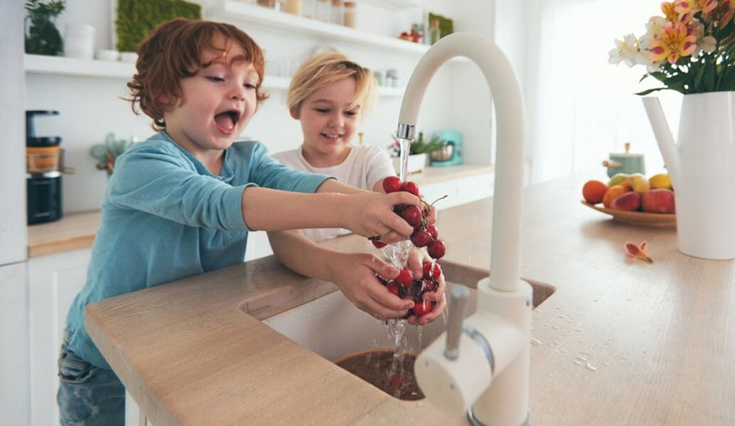 kids are washing fruits under the mixing valve faucet.