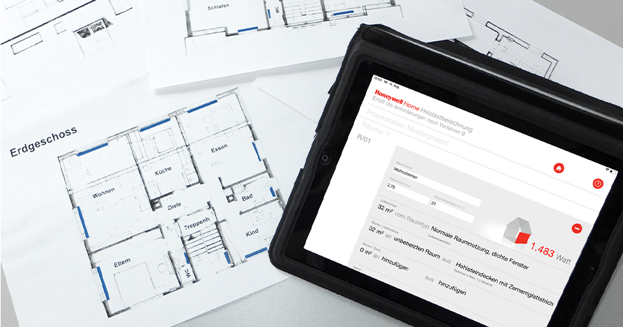 Resideo Heizlastberechnungs-App auf dem iPad und Bauplaene