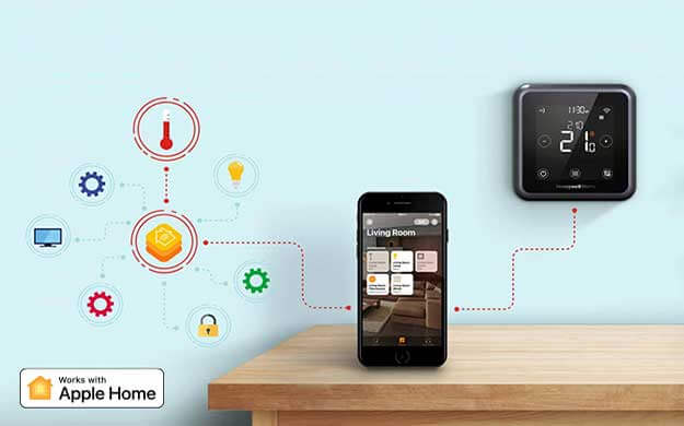 Smartphone on furniture with thermostat on wall