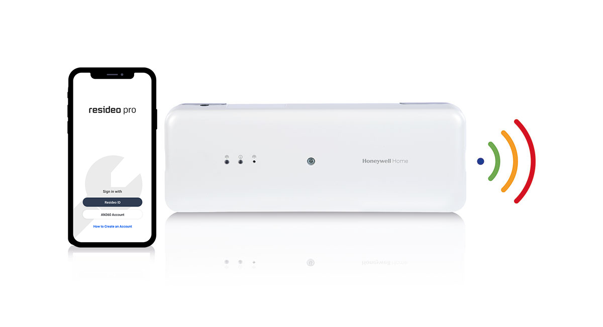 Smartphone with Resideo Pro app next to HCC100.