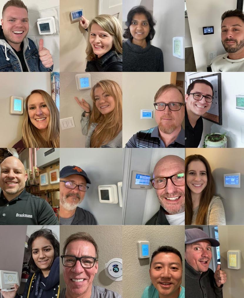 Highlighting a Green Commitment on Earth Day | Mechanical Hub Every day is Earth day, happy owners with their new thermostats on the wall.