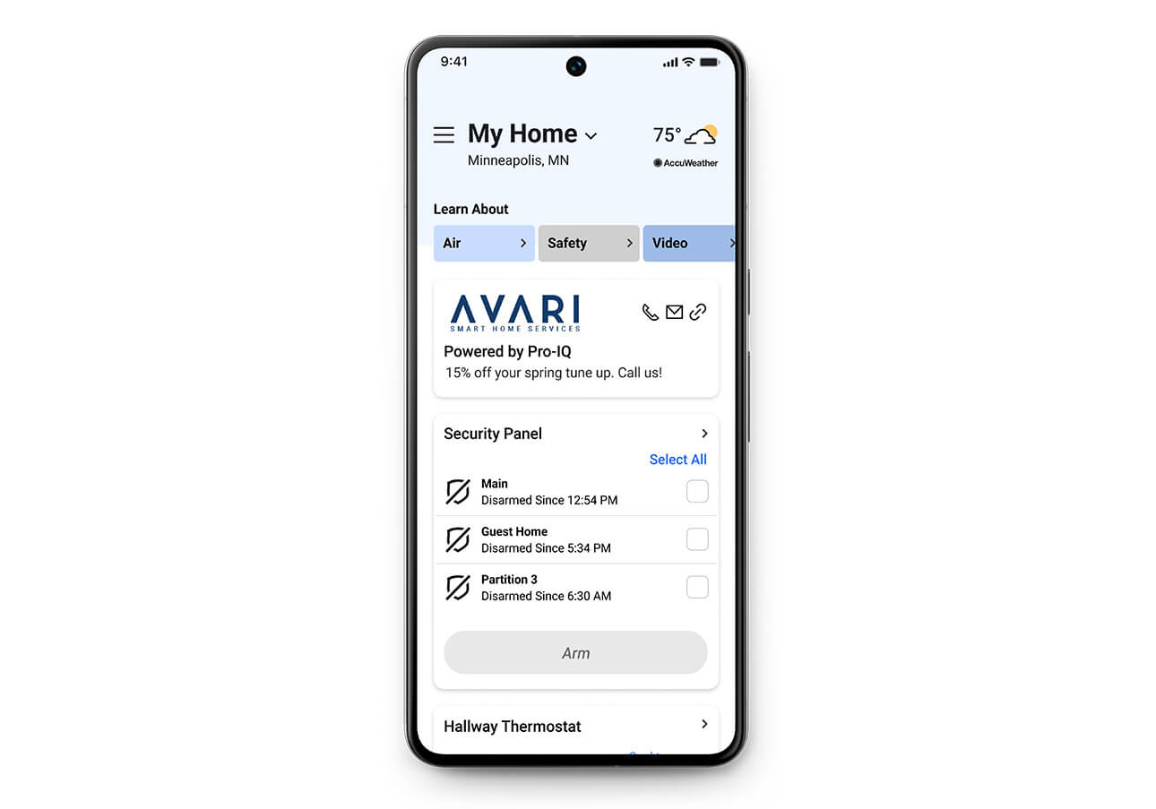Security panel app dashboard on a smartphone