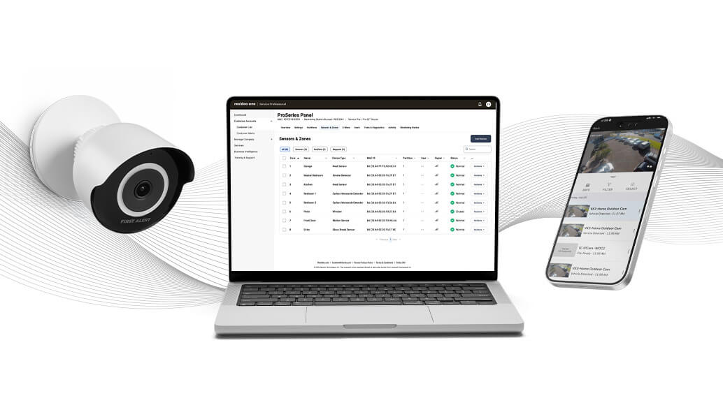 CX4 Video Camera, ProSeries Panel shown on a laptop, and the Resideo Connect App on a smartphone.