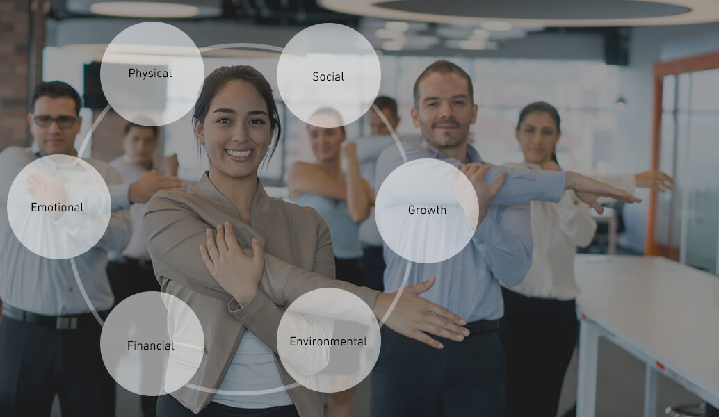 Photo of employees in an office setting doing an arm stretch together. There’s an overlay graphic design of a large circle containing six smaller circles with the names of Whole Person Wellness categories: Physical, Social, Growth, Emotional, Financial and Environmental. 