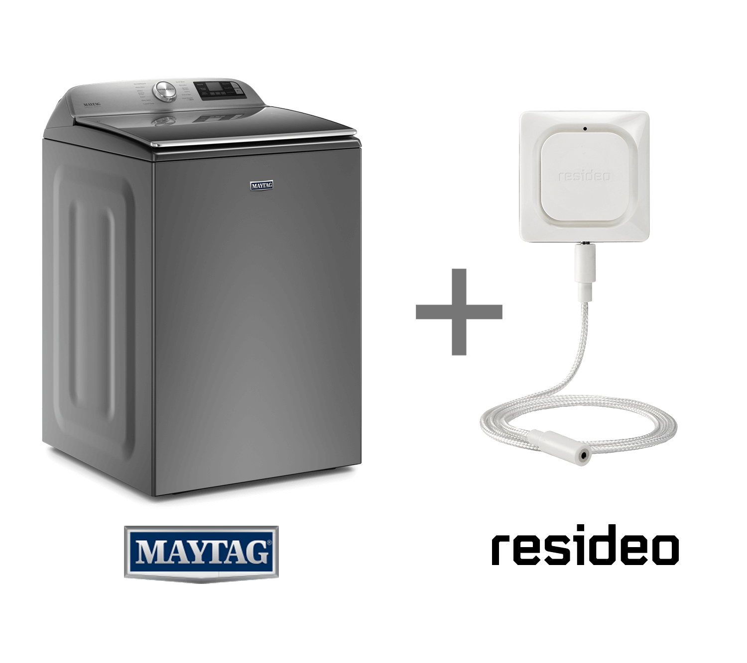 A Maytag washer and a Resideo water leak detector.
