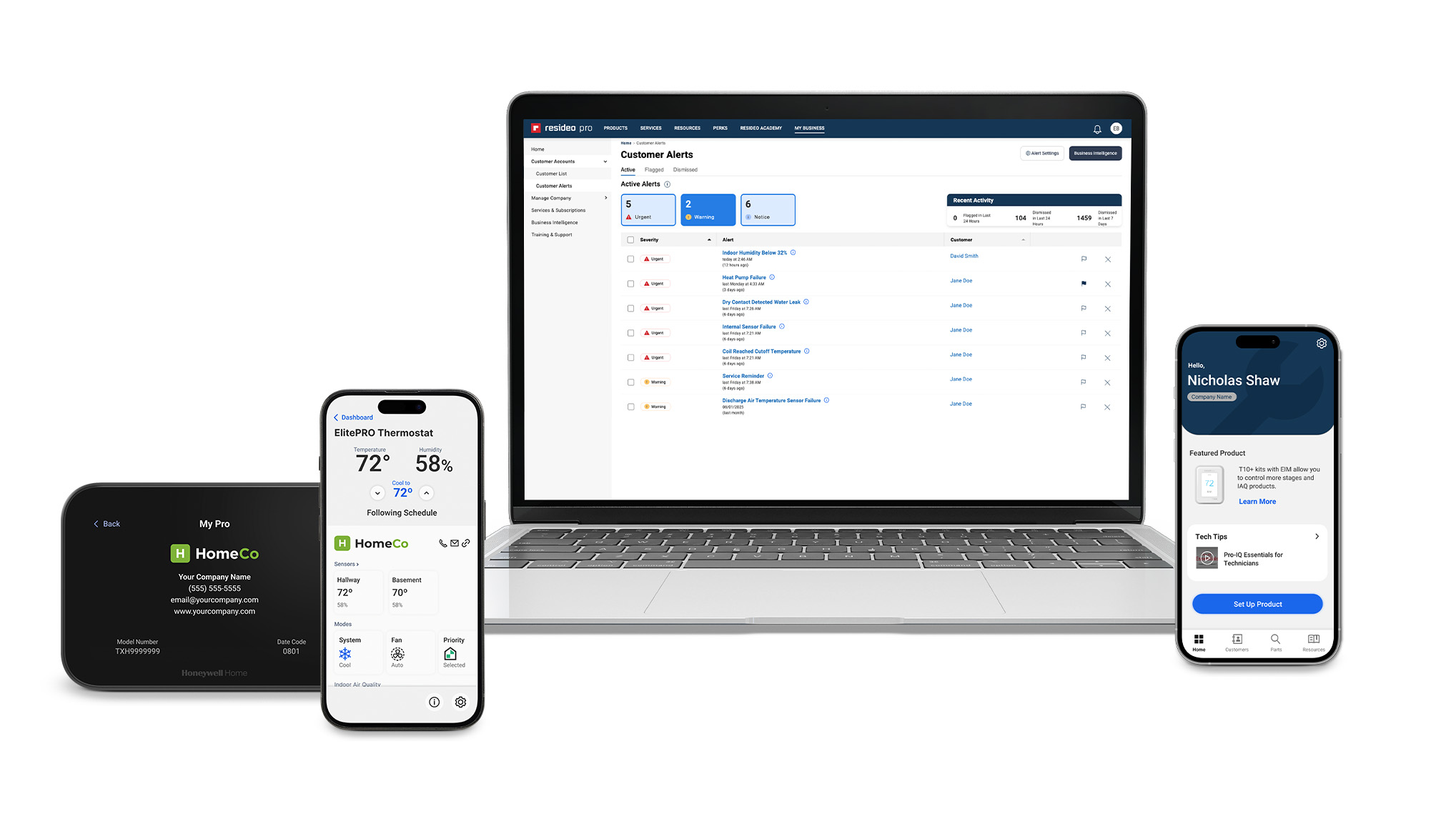 Group image of ElitePro Thermostat, iPhone showing the Resideo Pro app and laptop showing Pro-IQ system. 